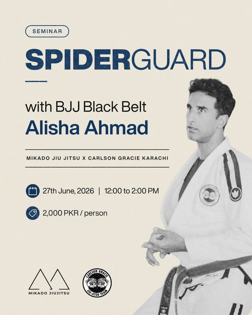 Seminar poster: Spider Guard with BJJ black belt Alisha Ahmad, Mikado Jiu Jitsu x Carlson Gracie Karachi